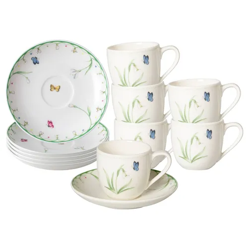Villeroy & Boch Colourful Spring Espressotasse mit Untertasse 100 ml 6er Set - Thermobehälter mit fröhlichem Design, ideal für Kaffeeliebhaber. Mikrowellensicher und spülmaschinenfest, verzaubert diese Kollektion mit zarten Schneeglöckchen und bunten Schmetterlingen.