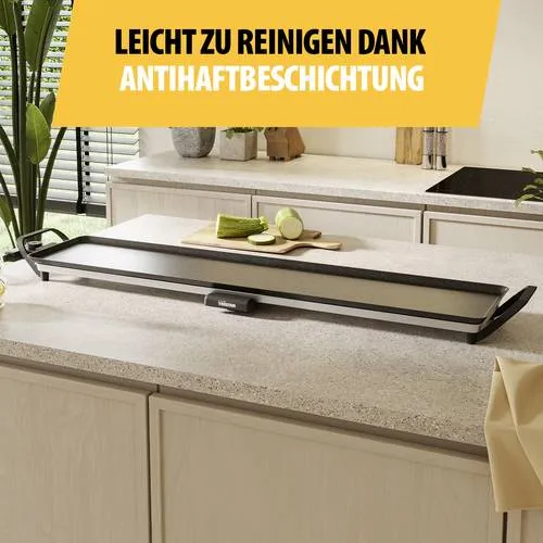 Tristar Slim XXL BP-2670 Elektro Grillplatte Schwarz - Großküchentechnik mit einer extra großen Grillfläche von 100 x 22 cm, einstellbarem Thermostat für perfekte Temperaturkontrolle und praktischen abnehmbaren Griffen für einfache Aufbewahrung.
