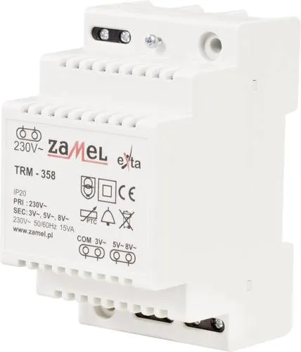 Zamel TRM-358 Klingel-Transformator 3 V/AC, 5 V/AC, 8 V/AC 5 A - Türklingelanlagen, vielseitiger Klingel-Transformator für verschiedene Spannungen, ideal für maßgeschneiderte Installationen.