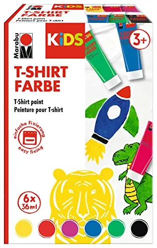 Marabu 0308000000010 - KiDS T-Shirt Farbe, Stoffmalfarbe zum Gestalten, 6 x 36 ml, nach Fixierung waschbeständig bis 60 °C, für Kinder ab 3 Jahren