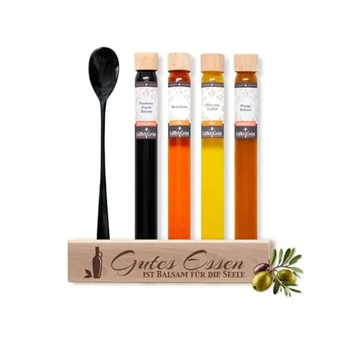 Löffelgeist® Geschenkset - Gutes Essen für die Seele - Massives 4er Holz-Display mit Dosierlöffel und 4 hochwertigen Essigen & Ölen in XXL-Glasröhrchen. Ideal für die Küche oder als Geschenk. Hergestellt in Deutschland mit Liebe zum Detail.