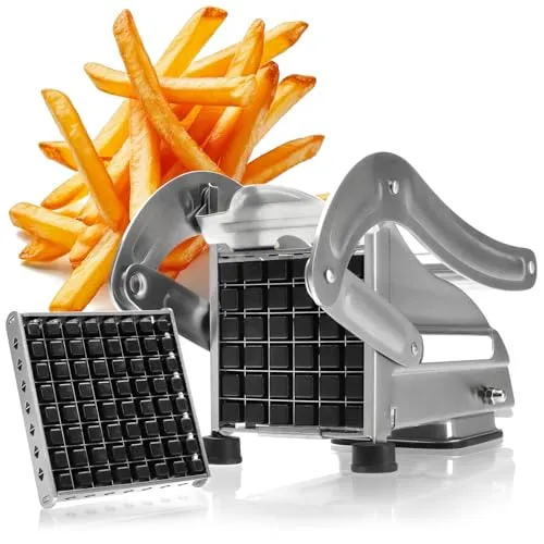 com-four® Pommesschneider - Edelstahl Kartoffelpresse mit Saugnapf - Kartoffelpressen & Spätzlepressen für gleichmäßige Pommes Frites und kreative Fingerfood-Kreationen, mit 2 Schneideeinsätzen und sicherem Halt dank Saugnapf.