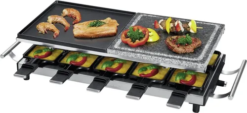 ProfiCook® Raclette für 10 Personen mit Naturgrillstein - Raclette für gesellige Abende, inkl. 10 Pfännchen & Holzspatel. Genießen Sie gesundes Grillen auf dem Naturgrillstein mit wärmeisolierten Edelstahlgriffen und leicht zu reinigenden Oberflächen.