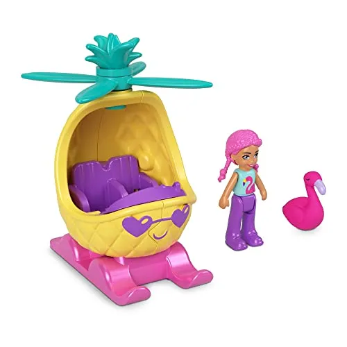 Polly Pocket Sammler-Micro-Mini-Metallfahrzeug, bewegliche Puppe und Haustier-Set – Polly's Friend Puppe mit Ananas-Hubschrauber und Hot Pink Flamingo Sidekick Spielset