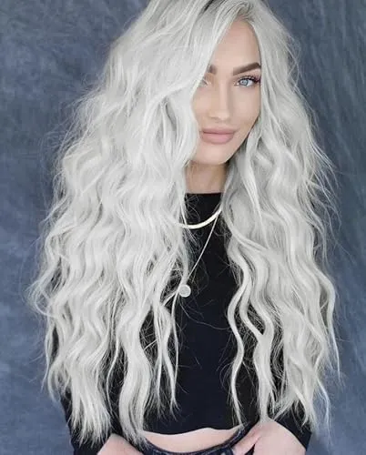 PORSMEER Damen Perücke Weiß Lang Lockige Perücken für Frauen, Natürlich Mittelscheitel Lange Locken Haar, Anime Cosplay Halloween Wigs 28 Zoll