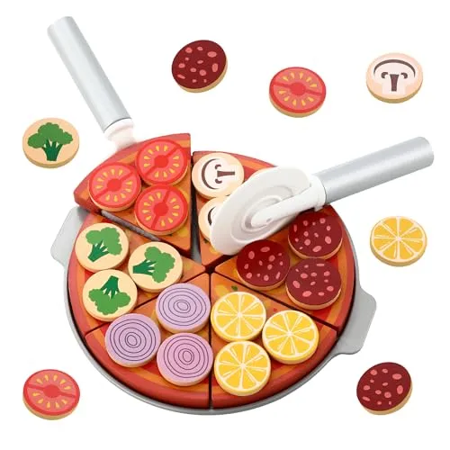 Pizza Set Holz,27-Pizza Kinderküche Zubehör,Spielzeug Lebensmittel für Kaufladen zubehör, DIY-spielküche zubehör Holz für alle Arten von Kinder kinderküche zubehör