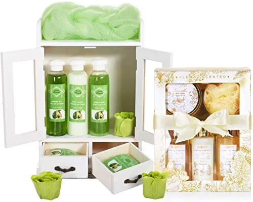 BRUBAKER Cosmetics 2 in 1 Pflegeset Avocado & Vanilla Rose Minze - 15-teiliges Wellness Set für Damen - Erlebe luxuriöse Pflege mit unserem 15-teiligen Set in einem stilvollen Holzschrank. Ideal zum Verschenken oder für die eigene Verwöhnung! Enthält Duschgel, Schaumbad und mehr für ein unvergessliches Badeerlebnis.