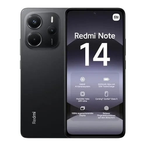 Xiaomi Redmi Note 14 4G Smartphone 8+256GB - Handy mit 108 MP Kamera, 5500 mAh Akku und spritzwassergeschützt (IP54) – ideal für Fotografie und lange Nutzung.