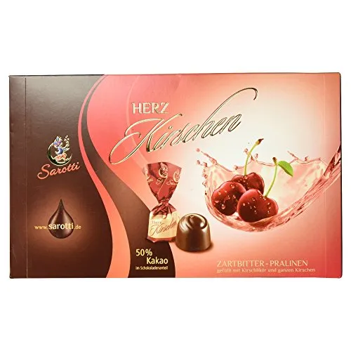 Sarotti Zartbitter-Pralinen mit Kirschlikör und Herz Kirschen, 250 g - Sortimentpackungen für Pralinen, gefüllt mit Kirschlikör und ganzen Kirschen, ideal für Schokoladenliebhaber, 50 % Kakaoanteil für intensiven Genuss.