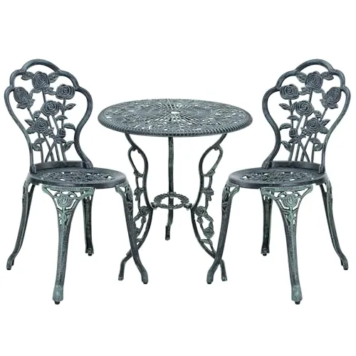 casa.pro Bistro Set Wakefield - 3-teiliges Outdoor Möbel Set - Gartenmöbel-Set aus wetterfestem Aluminiumguss und Gusseisen, mit romantischem Rosenmotiv und antikem Charme, ideal für kleine Balkone oder Terrassen.