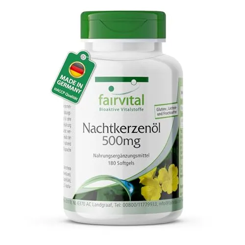 fairvital, Nachtkerzenöl 500mg, 180 Softgels, 1000mg pro Tag, mit Vitamin E, Linolsäure, qualitätsgeprüft und hochdosiert, Made in Germany
