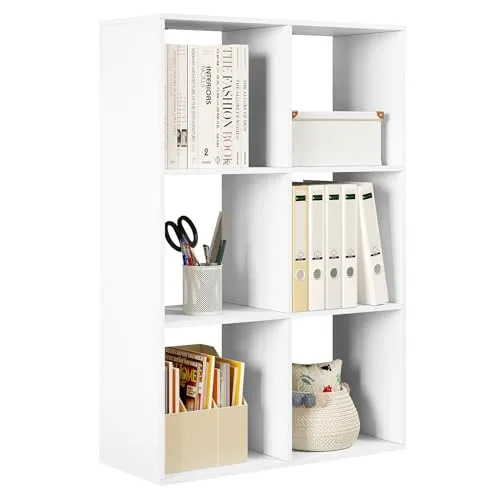 WOLTU Bücherregal mit 3 Ebenen, Regal mit 6 Fächern für Wohnzimmer Küche Büro, Standregal mit Kippschutz, als Raumteiler Aktenschrank, 71x106x29 cm, aus Holzwerkstoff, Weiß