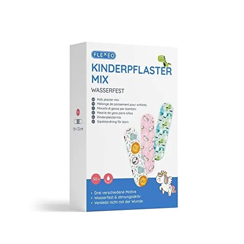 Kinder Pflaster Set 50 Stk - große Packung - versch. Motive wie Tiere, Einhorn & Dinosaurier Figuren - Kinderpflaster Jungen & Mädchen - Fingerpflaster 1,9x7,2cm, wasserfest & bunt - Trostpflaster