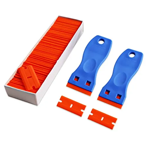 Stück Plastik Schaber,Rasierklingen schaber aus Kunststoff, für Vinyl Aufkleber Sticker entfernen Glas und Fenster, Rasierklinge mit 100 Stück Rasierklingen zum Entfernen von Kleber, Aufklebern,Glas 2