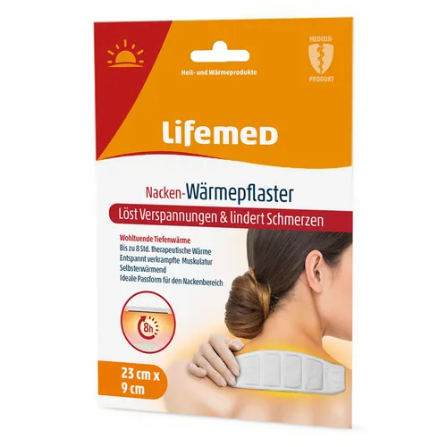 Lifemed® Nacken-Wärmepflaster, 23 cm x 9 cm, selbstklebend - Das Lifemed® Nacken-Wärmepflaster bietet bis zu 8 Stunden wohltuende Wärme. Es ist aus hautfreundlichem Gewebe und passt sich ideal dem Nacken an. Perfekt für entspannende Momente und gezielte Linderung von Verspannungen.
