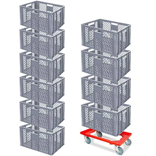 BRB 10er Spar-Set Euro-Stapelbehälter Plus Transportroller, 600x400x320 mm Industriequalität lebensmittelecht grau