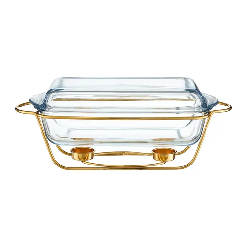 Speisewärmer Warmhalteplatte 3,9L mit Deckel und Gold-Design - Eleganter Warmhaltebehälter mit 3,9L Volumen, ideal für Partys und Catering. Hält Speisen lange warm und kombiniert stilvolles Glas mit goldenen Akzenten.