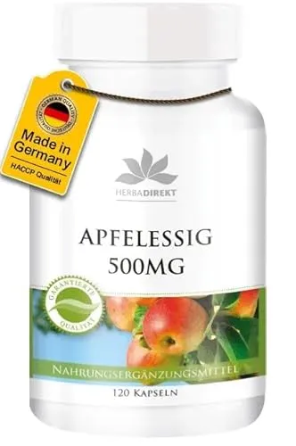 Apfelessig Kapseln - 500mg - Säuregrad 4-8% - 120 Kapseln - vegan | HERBADIREKT by Warnke Vitalstoffe - Deutsche Apothekenqualität