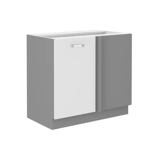 Küchen-Preisbombe Eckunterschrank 105 cm - Unterschrank in Weiß Hochglanz und Grau, bietet viel Stauraum und modernes Design für Ihre Küche. Lieferung zerlegt, ideal für kreative Küchenlösungen.