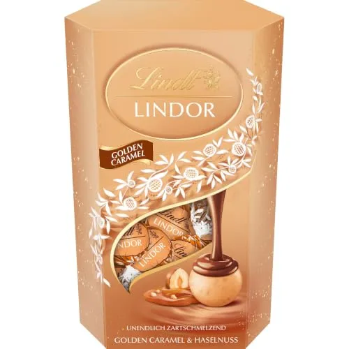 Lindt Schokolade | LINDOR Kugeln Golden Caramel, 200g Cornet, Geschenk | ca. 16 Kugeln, Vollmilch Schokolade, Karamell, Haselnuss-Stückchen, zum Teilen & Verschenken, zartschmelzend, Genussmomente