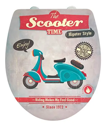 WENKO WC-Sitz Vintage Scooter - Hochglanz Toiletten-Sitz mit Absenkautomatik - Hochwertiger WC-Sitz im Vintage-Stil aus Duroplast, bruchsicher und kratzfest. Mit integrierter Absenkautomatik für sanftes Schließen und rostfreien Edelstahl-Befestigungen. Ideal für ein stilvolles Badezimmer!