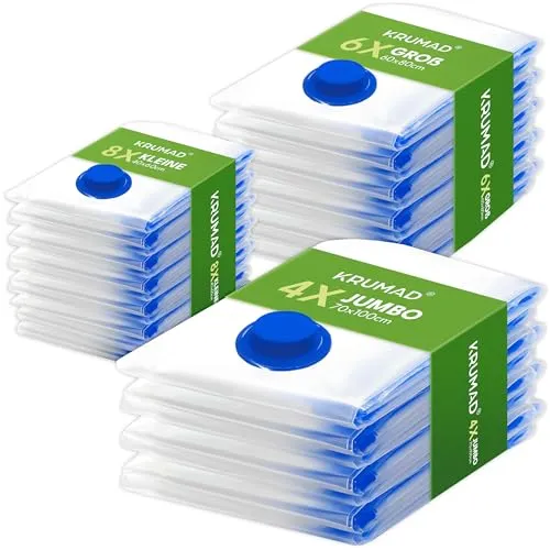 KRUMAD Vakuumbeutel für Kleidung Set 18 Stück - 8x 40x60cm, 6x 60x80cm, 4x 70x100cm - Aufbewahrung und Organisation für Kleidung, Bettdecken & Reisen - Platzsparende Aufbewahrungsbeutel