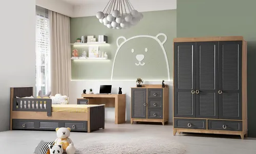 Komplettes Kindermöbel Set 4tlg für Kinderzimmer in Grau - Vielseitiges Möbelset für das Kinderzimmer: Bettrahmen, Kleiderschrank, Kommode und Schreibtisch. Modernes Design, aus Holz gefertigt und ideal für Jungen und Mädchen. Breite: 98 cm, Höhe: 110 cm, Länge: 200 cm.