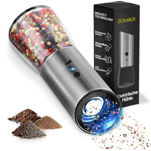 Zolmer Salz und Pfeffermühle Elektrisch mit Wiederaufladbaren Akkus, Einstellbarem Mahlgrad für Gewürze, Salz & Pfeffer – Robuste und Kompakte Gewürzmühlen