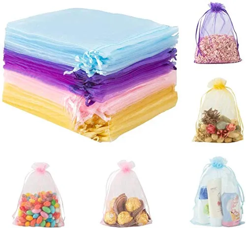 Stück Organza Geschenktüten,Schmuckbeutel Hochzeitsfestbevorzugung Taschen mit Band,13 * 18CM,Kordelzug,Lila/Rosa/Gelb/Blau 80