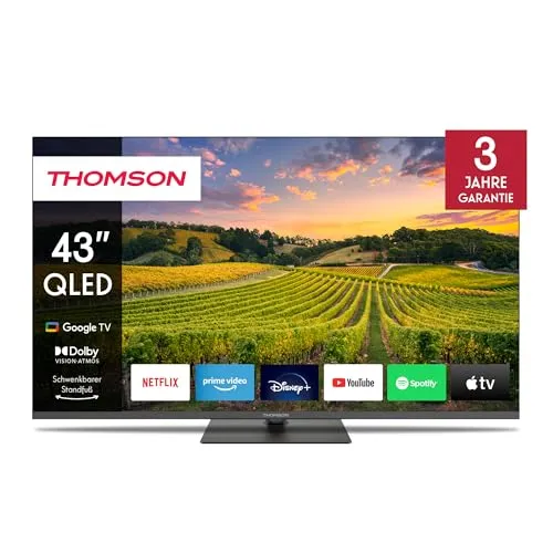 Thomson 43 Zoll QLED Smart TV - Fernseher mit 4K UHD, Dolby Vision IQ und Dolby Atmos für ein beeindruckendes Seherlebnis. Greifen Sie auf über 400.000 Filme und Serien zu und genießen Sie intensive Farben dank QLED-Technologie.