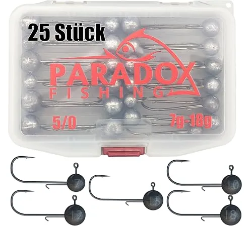 Paradox Fishing Jigköpfe Set 5/0 - 25 Stück für Zander und Hecht - Angelhaken Set mit 25 ultrastarken Jigköpfen (5/0) in 5 Gewichten. Ideal für Barsch, Hecht und Zander. Extra scharfe Haken und stabiler Köderhalter für optimale Bissverwertung.