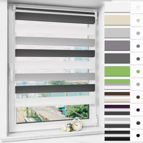 Magiea Doppelrollo Klemmfix ohne Bohren & mit Bohren, Weiß-grau-anthrazit B60 x H150 cm Stoffbreite 56 cm, Klemmrollo lichtdurchlässig und Blickdicht, Fensterrollo Sonnenschutzrollo für Fenster