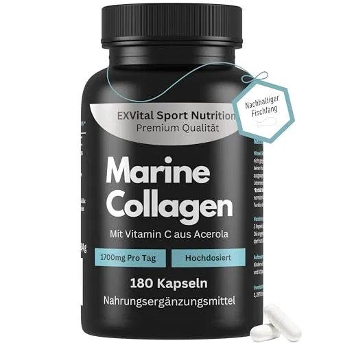 Marine Collagen Kapseln - 1700mg Marine Collagen mit Vitamin C aus Acerola - Hydrolysierte Fisch Collagen Peptide - 180 Kapseln - Meereskollagen - Frei von Zusätzen & laborgeprüft