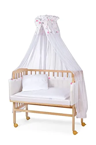 WALDIN Baby Beistellbett mit Matratze und Stoffen, Höhen-verstellbar, Große Liegefläche 90x55cm, Holz Natur, Sterne/Rosa