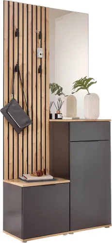 moebel dich auf Kompaktgarderobe Easy – Elegante Garderobe in 2 Farben - Garderoben Komplettprogramme mit zeitlosem Design, bestehend aus Paneel, Bank, Spiegel & Schuhkommode. Ideal für kleine Flure, Maße (B/H/T): 88 x 195 x 35 cm.