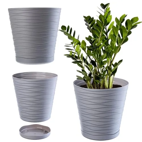 KADAX Blumentopf mit Untersetzer, Pflanzkübel für Innen, Leichter Blumenkübel, Pflanztopf aus Kunststoff, runder Übertopf für Blumen, Pflanzen, Haus, Pflanzgefäß (11cm, grau)