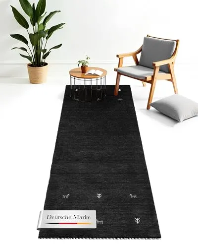 carpetfine Wollteppich Gabbeh Uni Läufer Schwarz 60x180 cm - Läufer aus 100% Wolle, langlebig und pflegeleicht, ideal für Wohn- und Schlafzimmer mit Fußbodenheizung.