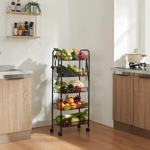 [en.casa] Rollwagen Tromsø - Multifunktionaler Servierwagen mit 5 Ebenen - Servierwagen aus robustem Stahl mit 5 Ablagekörben und 4 Rollen für flexible Nutzung in Küche, Bad oder Büro. Ideal zur Organisation und Präsentation von Lebensmitteln und Utensilien.