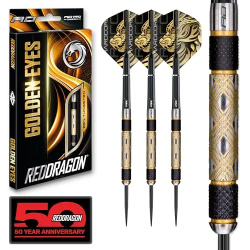 RED DRAGON Darts – Golden Eyes 28g– Professionelles 85% Wolfram-Dart-Set mit Dartflüge und Dart-Schäften