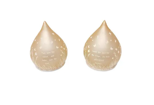 Deko-Tropfen Frosty-Gold mit LED-Licht und Timer 13cm - Stimmungsvolle Deko-Lampe in frosty-gold, ideal für Geburtstagsfeiern. Mit Timer-Funktion für automatisches Ein- und Ausschalten, aus hochwertigem Glas gefertigt.