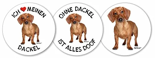 AdriLeo - Runde Aufkleber 3er-Set - roter Dackel Kurzhaarteckel - Deko Autoaufkleber Sticker Hund