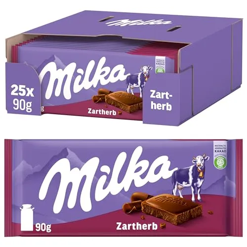 Milka Zartherb – dunkle Alpenmilch-Schokolade mit feiner Kakaonote im Vorratspack – 25 x 90g