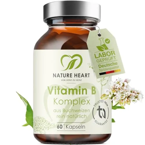 Nature Heart Vitamin B Komplex, 60 Kapseln | Alle 8 B Vitamine, Mit Buchweizen, Vegan & Glutenfrei, Für Energie, Nervensystem & Stoffwechsel, Hochdosiert