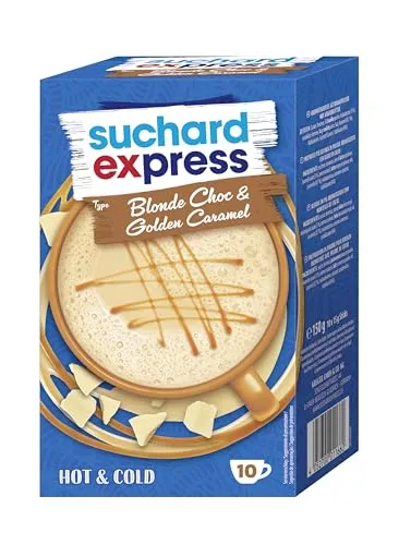Suchard Express Blonde Choc & Golden Caramel, Trinkschokolade, 10x 15g Sticks, einzelne Tassen-Portionen, Heiß & Kalt genießen