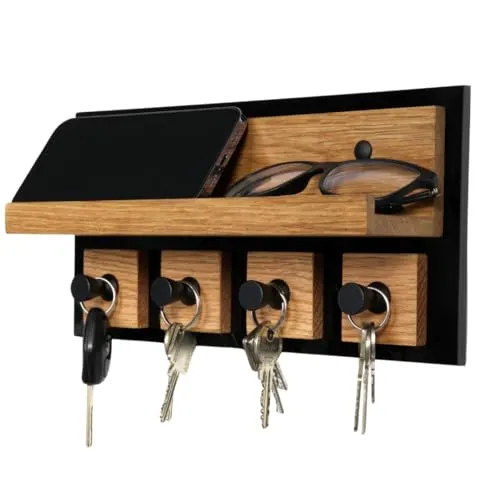 Alakay Modernes Schlüsselbrett Mit Ablage - Hochglanz Schlüsselbrett Holz Für Stilvolle Schlüssel Aufbewahrung, Schlüsselhalter schwarz Ideal Für Ihr Zuhause Oder Büro, Praktisch Und Elegant