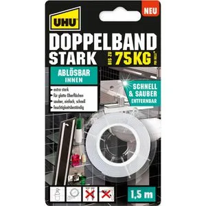 UHU Montageband Doppelband Ablösbar, 1,5m x 19mm, stark, doppelseitig, weiß, wiederablösbar
