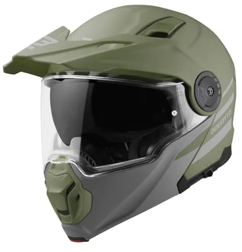 Bogotto FG-102 Duo Fiberglas Klapphelm, grün, Größe M - Motorradhelm mit Fiberglas-Außenschale, Helmschirm und klarem Visier für optimalen Schutz und Komfort beim Fahren.