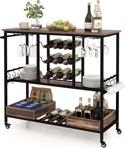 GOPLUS Servierwagen 3 Ebenen mit Weinregal und Glashalter
