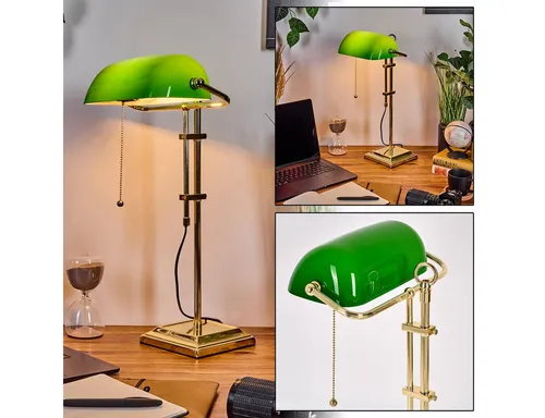 Hofstein Tischleuchte Bankerlampe in Messing/Grün/Weiß - Elegante Tischlampe aus Metall und Glas für stilvolle Innenräume. Mit Zugschnurschalter und E27-Fassung, perfekt für Schreibtische und gemütliche Beleuchtung.