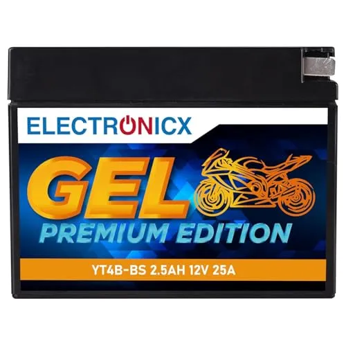 Electronicx, GEL, YT4B-BS 12V 2,5Ah Motorradbatterie 25A CCA – Zuverlässige Starterbatterie für Roller, Moped, Quad & Motorrad – wartungsfrei, versiegelt, rüttelfest, auslaufsicher.